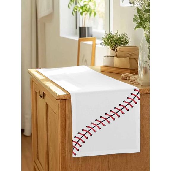 Baseball Sports Texture Table Runner 13x90in Non-Slip Cotton Linen Table Runners, White Red Lines Dresser Scarves TableRunner for Dinner Kitchen Dining Wedding Party