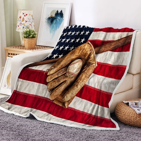 Baseball Sports Throw Blanket, Vintage League Equipment USA Grunge Glove Bat Fielding Sports Throw Flannel Blankets, Men Boys Sports Plush Cozy Fuzzy Blanket 50" x 60", Super Soft & Warm Blankets