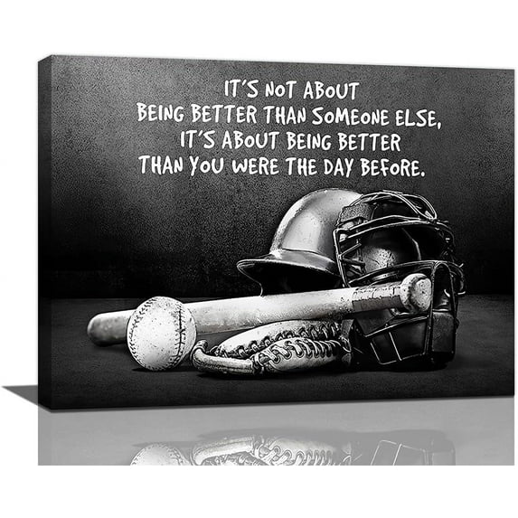 Baseball Sports Wall Art Black and White Motivational Poster Inspirational Baseball Canvas Prints Painting Retro Sports Wall Decor for Boys Men Framed Artwork for Boy''s Room Bedroom 16"x12"