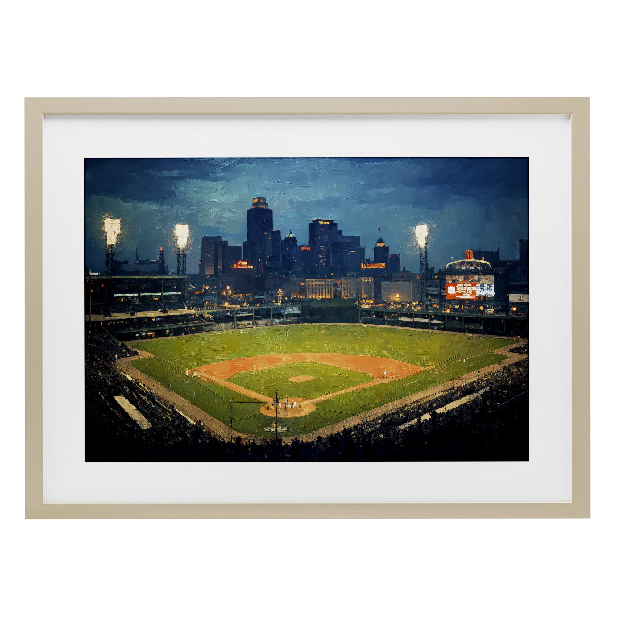 Baseball Stadium at Night Birch Framed Print Under Glass, design by Arlington Prints