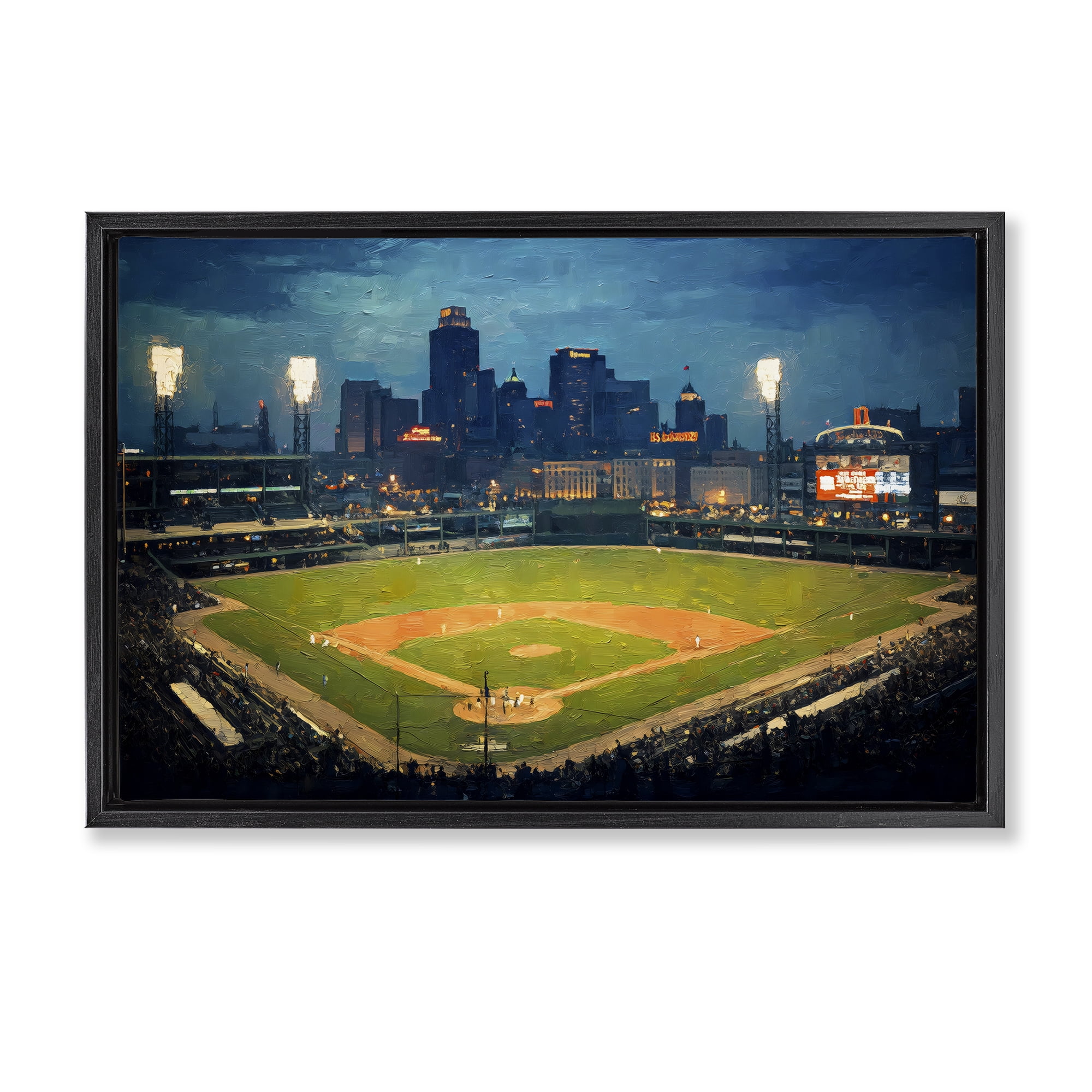 Baseball Stadium at Night Black Framed Floater Canvas Wall Art, design by Arlington Prints