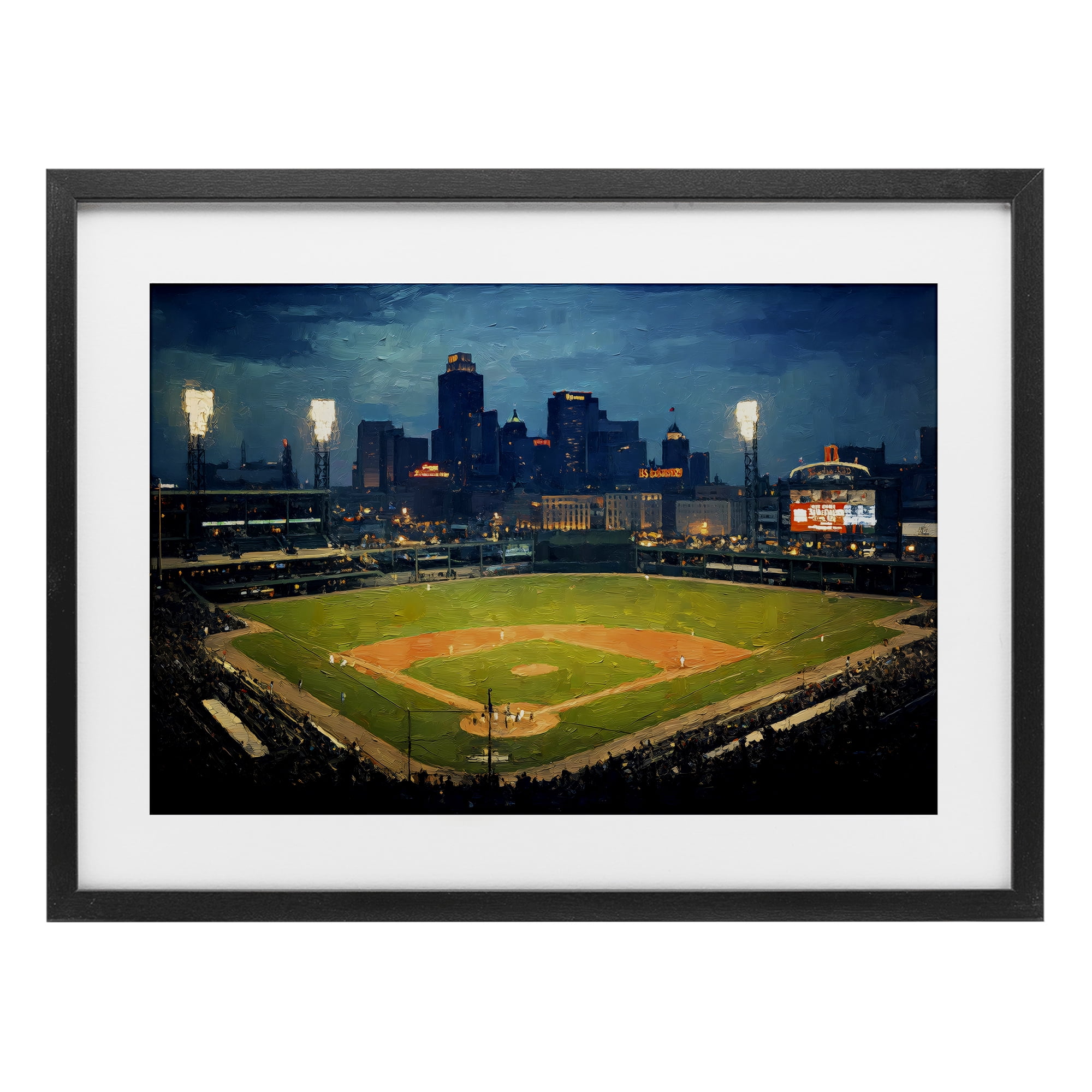 Baseball Stadium at Night Black Framed Print Under Glass, design by Arlington Prints