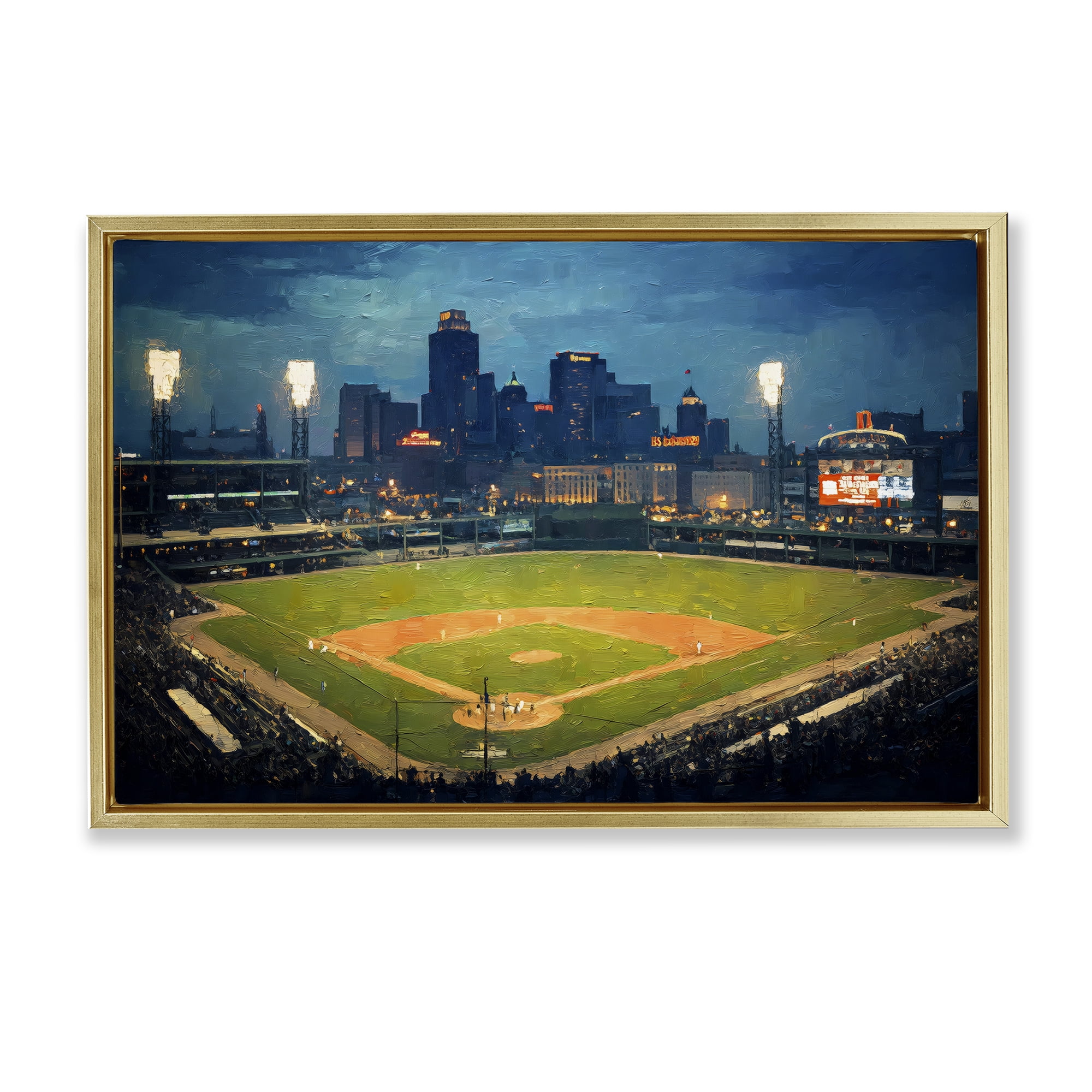 Baseball Stadium at Night Gold Framed Floater Canvas Wall Art, design by Arlington Prints