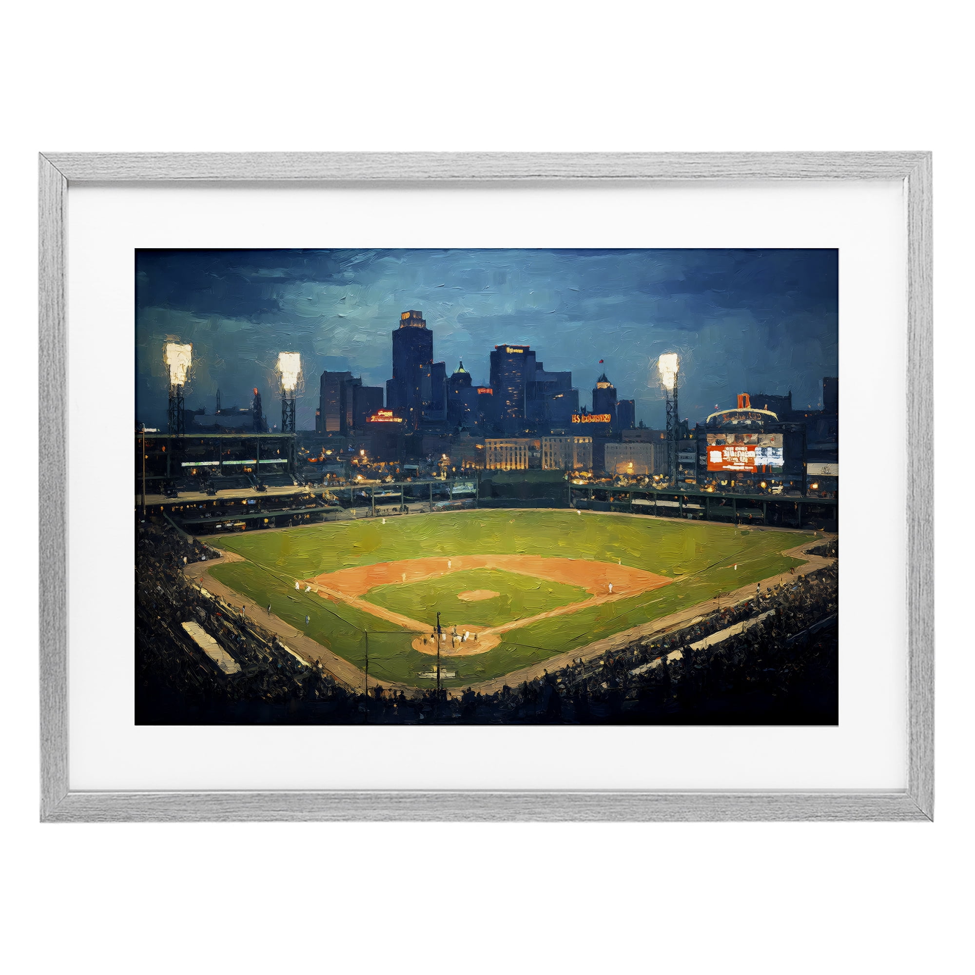 Baseball Stadium at Night Gray Framed Print Under Glass, design by Arlington Prints