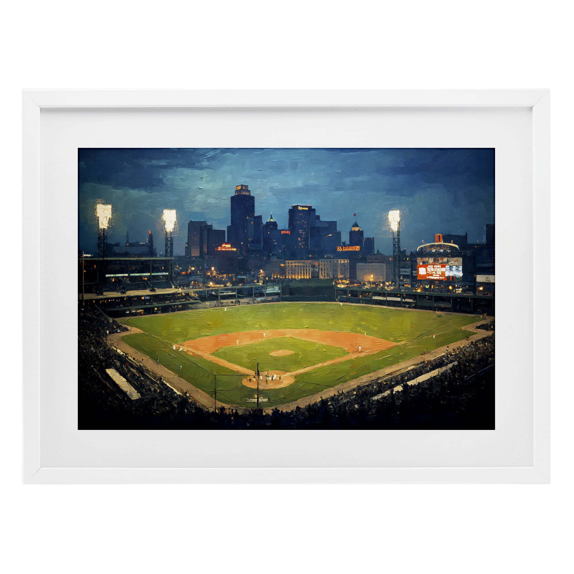 Baseball Stadium at Night White Framed Print Under Glass, design by Arlington Prints