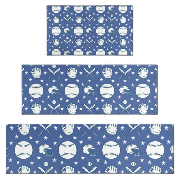 Baseball Stars Pattern Kitchen Rugs Sets Of 3,Kitchen Runner Rugs Non Skid Washable,Decorative Kitchen Floor Mats for Kitchen,Sink,Laundry,17"x30"+ 17"x47" + 17"x59"