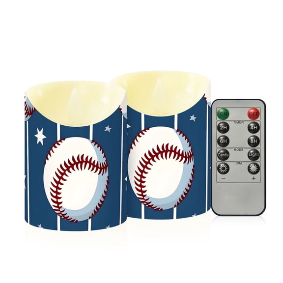 Baseball Stars Stipes Flickering Flameless Candles with Remote Timer Battery Operated LED Tealight Set of 2 M
