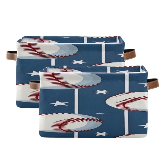 Baseball Stars Stipes Square Storage Bins with Handles Collapsible Containing Box 2 Packs