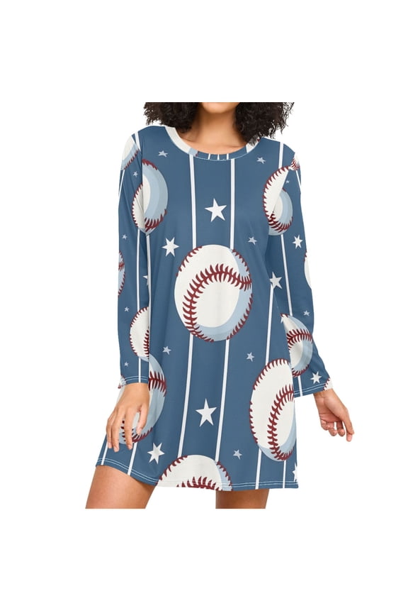 Baseball Stars Stipes Women's Long Sleeves Nightgowns Sleepwear Soft Pajama A-line Sleep Dress M