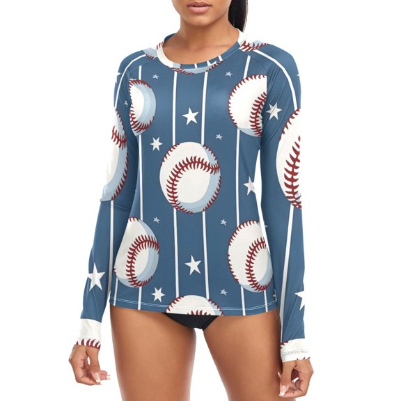 Baseball Stars Stipes Women's Rash Guard Shirts UPF 50+ Sun Protection Clothing Long Sleeve Swim Suits M