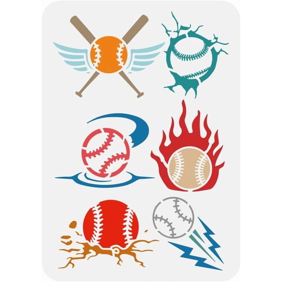 Baseball Stencil 8.3x11.7" Baseball Crack Painting Stencils Baseball Flame Drawing Large Stencils Flying Baseball Stencil Baseball Bat Templates for Ball Sports Field Ball Game colorful