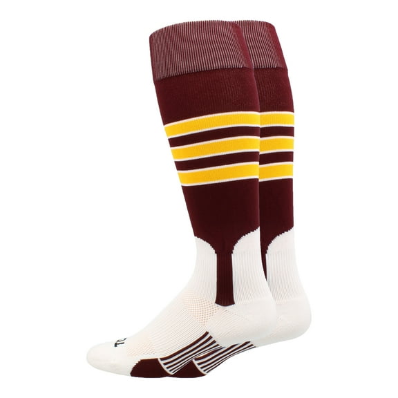 TCK Baseball Stirrup Socks with Stripes - Maroon/White/Gold, Large