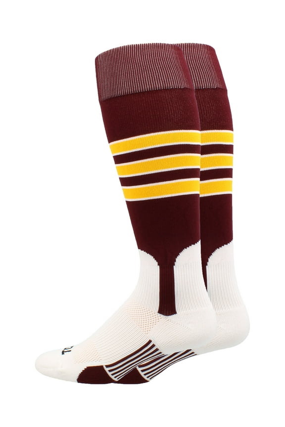 Baseball Stirrup Socks with Stripes - Maroon/White/Gold, Medium