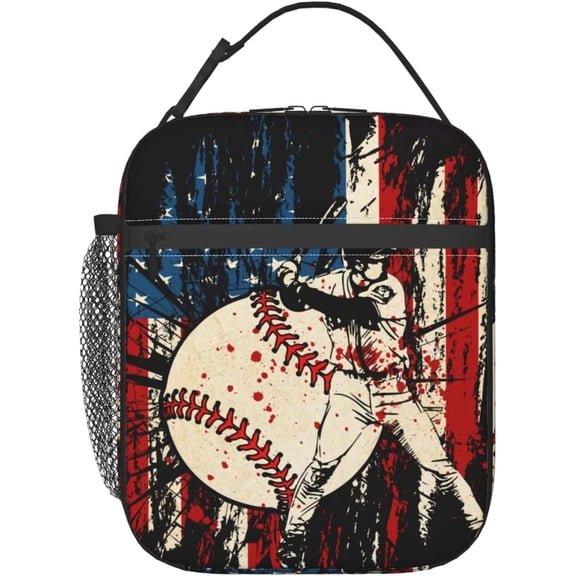 Baseball Stitches American Flag Insulated Lunch Bag, Baseball Sport Lunch Box For Girls Boys Tote Cooler Reusable Lunch Pail Adjustable Shoulder Strap and Side Pocket Outdoors Meal Bag