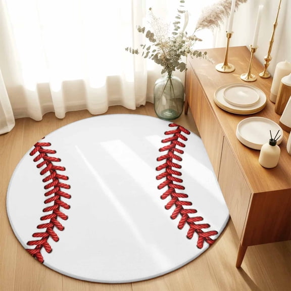 Baseball Stitches Texture Round Area Rug 3ft,Living Room Rug Non-Slip Washable Circle Rugs Pad,Modern Minimalist Sport Theme Soft Floor Carpet for Bedroom Dining Room