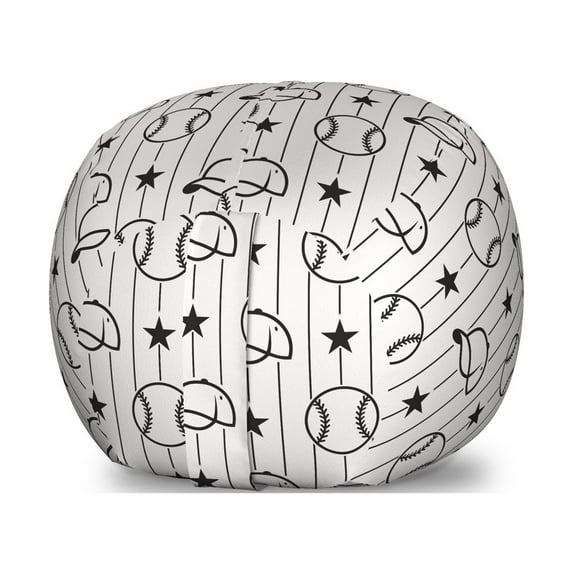 Baseball Storage Toy Bag Chair, Stars Caps and Vertical Lines Pattern Monochrome Arrangement Sketch Style Design, Stuffed Animal Organizer Washable Bag, Small Size, Black White, by Ambesonne