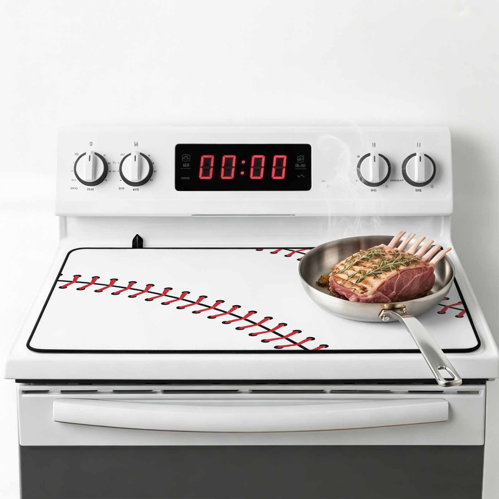 Baseball Stove Top Cover for Electric Stove, Heat-proof & Non Slip Glass Top Stove Cover Protector, Modern Minimalist Red Lines Kitchen Flat Cooktop Rubber Mat 24x21 Inches
