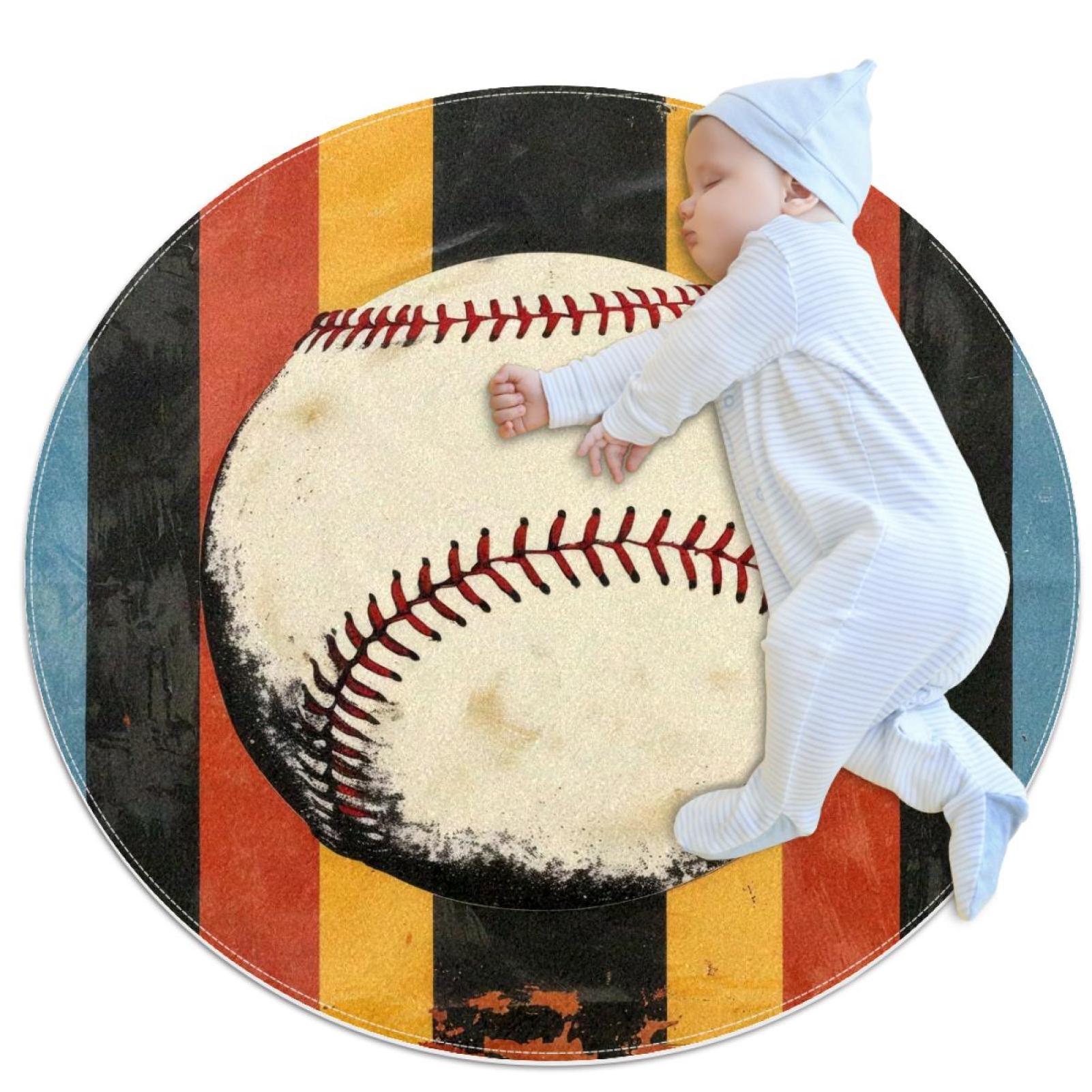 Baseball Stripe Vintage Print Anti Slip Area Rugs For Bedroom Round
