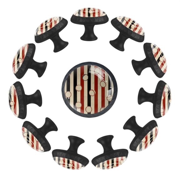 Baseball Stripes Blue and Red Pattern 35MM Round Glass Cabinet Knobs, Kitchen Knobs for Drawer Dresser Cupboard Wardrobe Modern Pulls Handles Hardware, Set of 12