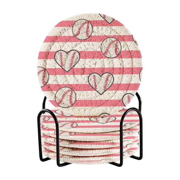 Baseball Stripes Pattern Coasters for Drinks Set of 6 with Holder Handmade Woven Rope Absorbent Heat Resistant 4 Inch