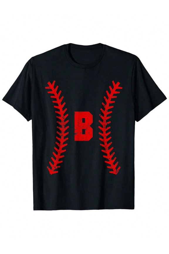 Baseball Style B Letter T Shirt Black Cotton Short Sleeve Tee With Red Embroidered Design Unisex Casual Streetwear (Multiple Sizes Available)