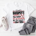 thumbnail image 1 of Baseball Suspect Claims Fun T-Shirt, Retro White and Natural Tee With Coquette Bow, 1 of 8