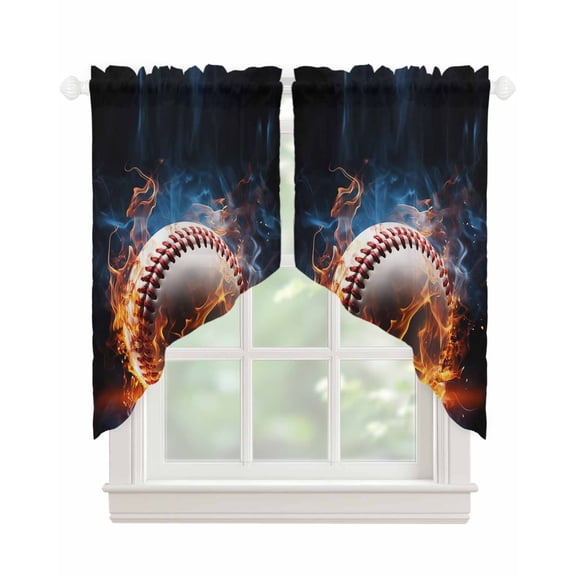 Baseball Swag Valances for Windows, Sports Theme Gradient Orange Blue Black Rod Pocket Sheer Valances for Small Windows, Swag Toppers Light Filtering for Kitchen Living Room 2 Panels 36''x36''