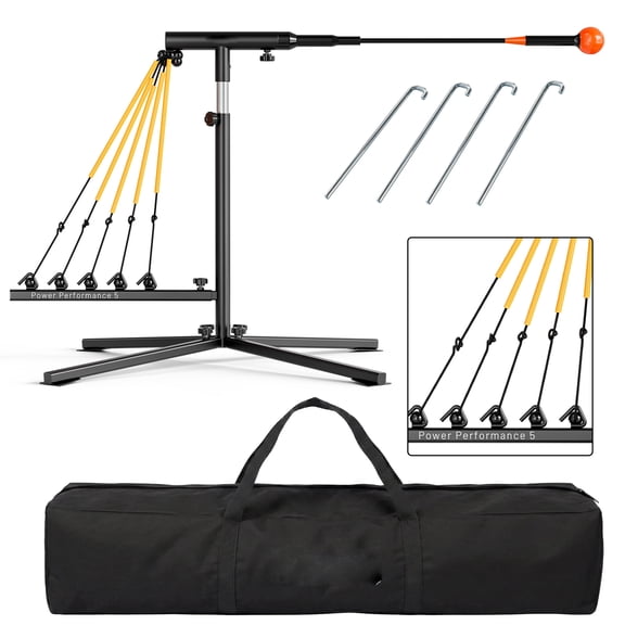Baseball Swing Trainer, 5 Power Bands, Adjustable Height | Auto-return batting trainer with stable X-base, ground peg and carry bag for solo baseball and softball practice