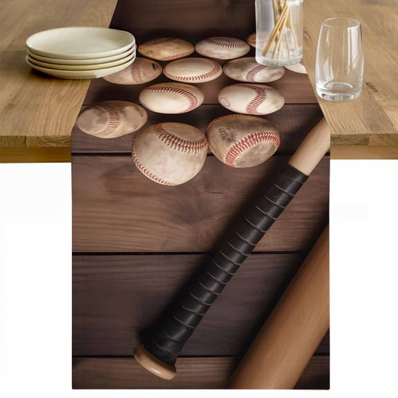 Baseball Table Runner 48 Inches Long Farmhouse Dress Scarves, Farmhouse Retro Sport Theme Brown Wooden Grain Dining Tablerunner for Coffee Table/Kitchen Island/Party Décor, 13" x 48"