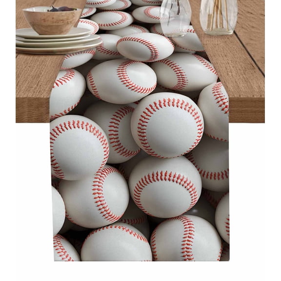 Baseball Table Runner 48 Inches, White Red Art Sport Bed Runner Dresser Scarves Tabletop for Indoor Outdoor Parties/Ceremony/Banquet, 13" x 48"