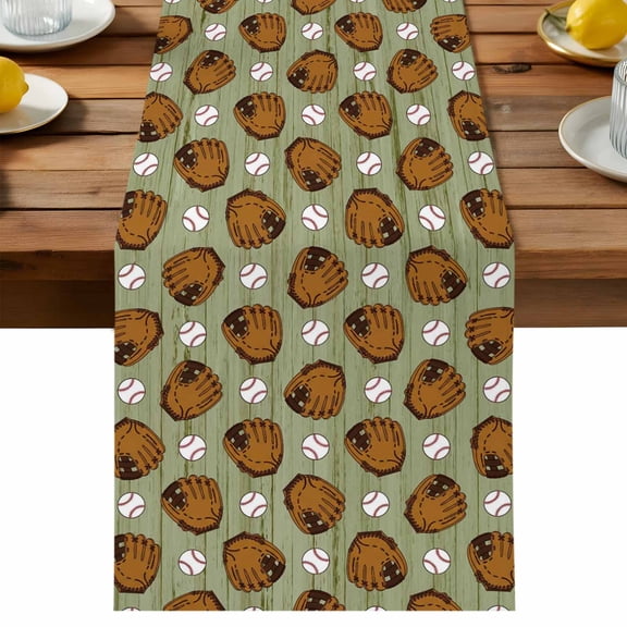 Baseball Table Runner, Retro Baseballs Seamless Pattern Green Stripes Background Washable Kitchen Table Runners Dress Scarves for Dining Table Decorations Party/Restaurant/Indoor Outdoor Use, 13x36in