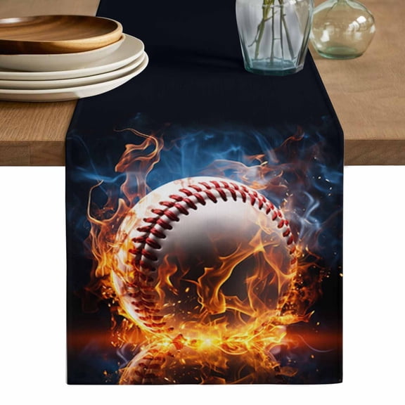Baseball Table Runner, Sports Theme Gradient Orange Blue Black Washable Cotton Linen Table Runners 48 Inches Long, Dresser Scarf Runner for Nightstand/Coffee/End Tables 13''x48''