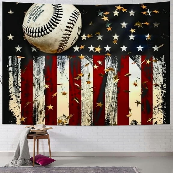 Baseball Tapestry, Stripe Wall Hanging Art for Kids Teens Boys,Ball Sports Game Wall Blanket Black White Graffiti Wall Hanging for Bedroom/Living Room Decor