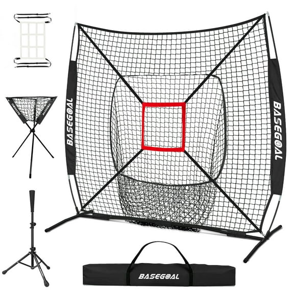 Baseball Tee Set, Baseball Traning Set with 7*7' Backstop Net and Baseball Batting Tee, Baseball Practice Set with Ball Caddy and Storage Bag, Bonus Strike Zone, Portable and Foldable