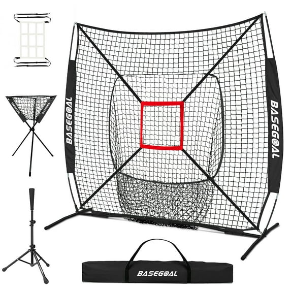 Baseball Tee Set, Baseball Traning Set with 7*7' Backstop Net and Baseball Batting Tee, Baseball Practice Set with Ball Caddy and Storage Bag, Bonus Strike Zone, Portable and Foldable