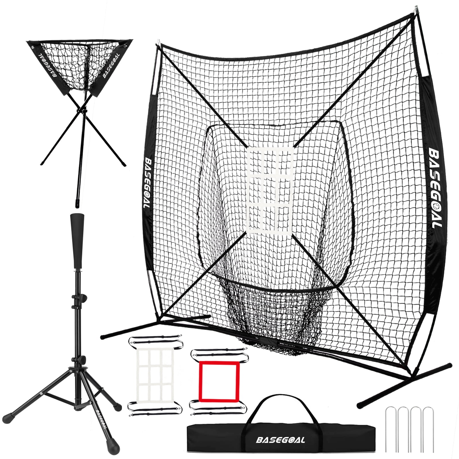 Baseball Tee Set, Baseball Traning Set with 7*7' Backstop Net and Baseball Batting Tee, Baseball Practice Set with Ball Caddy and Storage Bag, Bonus Strike Zone, Portable and Foldable