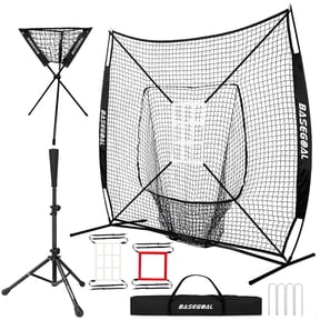 Baseball Tee Set, Baseball Traning Set with 7*7' Backstop Net and Baseball Batting Tee, Baseball Practice Set with Ball Caddy and Storage Bag, Bonus Strike Zone, Portable and Foldable