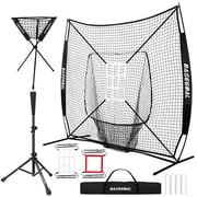 Baseball Tee Set, Baseball Traning Set with 7*7 Backstop Net and Baseball Batting Tee, Baseball Practice Set with Ball Caddy and Storage Bag, Bonus Strike Zone, Portable and Foldable