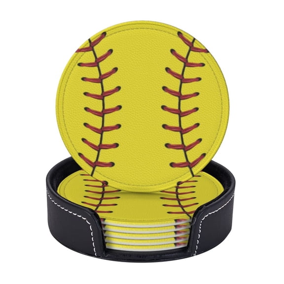 Baseball Texture Coasters With Leather Holder Set Of 6 Round Coasters for Home and Kitchen Decor