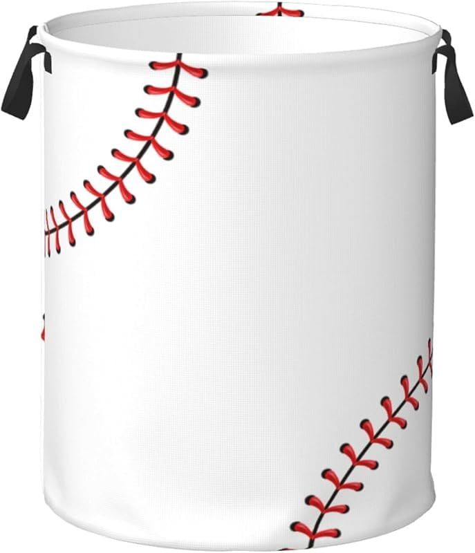 Baseball Texture Laundry Hamper Bag With Waterproof Liner - Round Laundry Basket Foldable Clothes Storage Organizer For Bathroom Bedroom Nursery Dorm