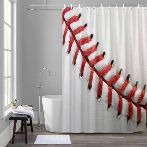 Baseball Texture Shower Curtain for Bathroom Decor, Usa Sport Waterproof Fabric Shower Curtain, 36"x72" Set with 12 Hooks