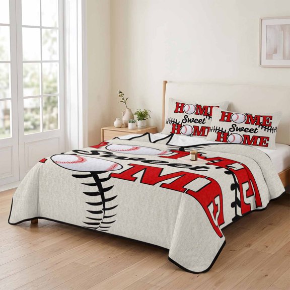 Baseball Texture Sweet Home Text 3 Pieces Quilt Set,1 Quilt with 2 Shams,Black Stripe on Beige Bedspread Soft Lightweight Bedding Coverlet Comforter Set for All Season 90"x96"
