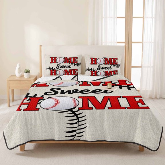 Baseball Texture Sweet Home Text 3 Pieces Quilt Set,1 Quilt with 2 Shams,Black Stripe on Beige Bedspread Soft Lightweight Bedding Coverlet Comforter Set for All Season 96"x106"