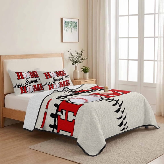 Baseball Texture Sweet Home Text 3 Pieces Quilt Set,1 Quilt with 2 Shams,Black Stripe on Beige Bedspread Soft Lightweight Bedding Coverlet Comforter Set for All Season 68"x98"