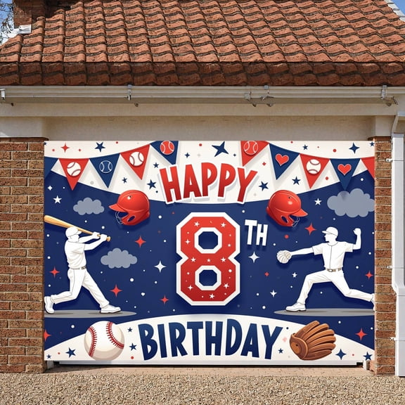Baseball Theme Baseball Birthday Banner Red Blue Color 8th Birthday Display 8th Number Design Sports Helmet Print  Backdrop for Kids Birthday Party Baseball Themed Celebration 8th Birthday Event