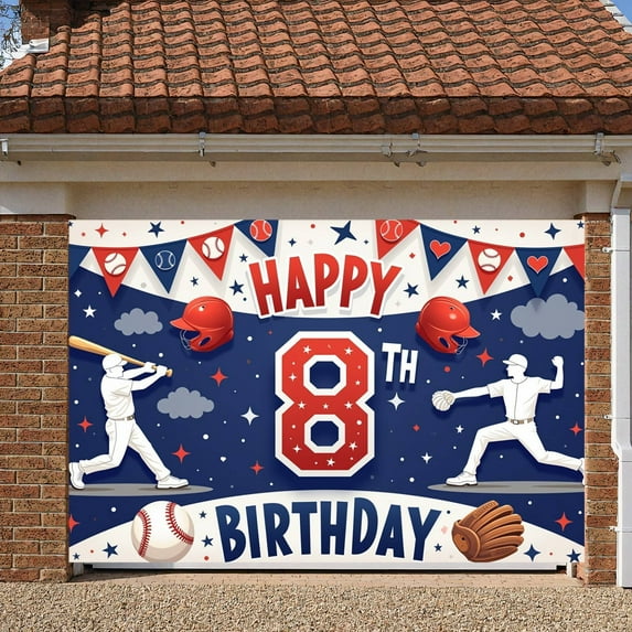 Baseball Theme Baseball Birthday Banner Red Blue Color 8th Birthday Display 8th Number Design Sports Helmet Print Backdrop for Kids Birthday Party Baseball Themed Celebration 8th Birthday Event
