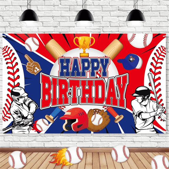 Baseball Themed Birthday Backdrop Banner, 70.8 x 43.3 in Large Fabric Photo Booth Background for Sports Party Decorations
