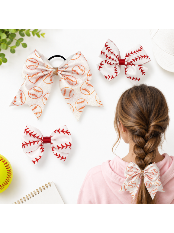 Baseball Themed Hair Bow Clips and Ponytail Holders, Set of 4 for Sports Events and Everyday Wear