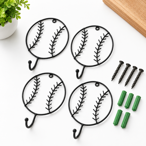 Baseball Themed Metal Wall Hooks, Set of 4 Decorative Mounted Hangers for Coats, Towels, Hats, Keys, Home Entryway, Playroom