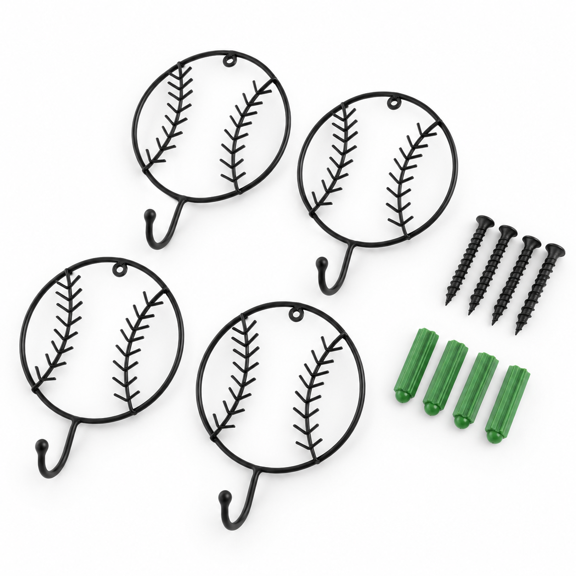 Baseball Themed Metal Wall Hooks, Set of 4, Decorative Sports Hooks for Coats, Towels, Hats, Keys